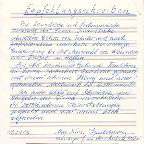Klavierfabrik J. Nemetschke :: Referenz Empfehlungsschreiben